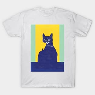 Grandpa Cat on Chair Retro Poster Vintage Art Cat Wall Blue Yellow Illustration T-Shirt